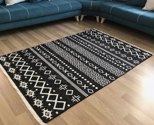 Halımax Dara 176 Yıkanabilir Kaymaz Dokuma Tabanlı Siyah Etnik Desenli Modern Halı 80x200