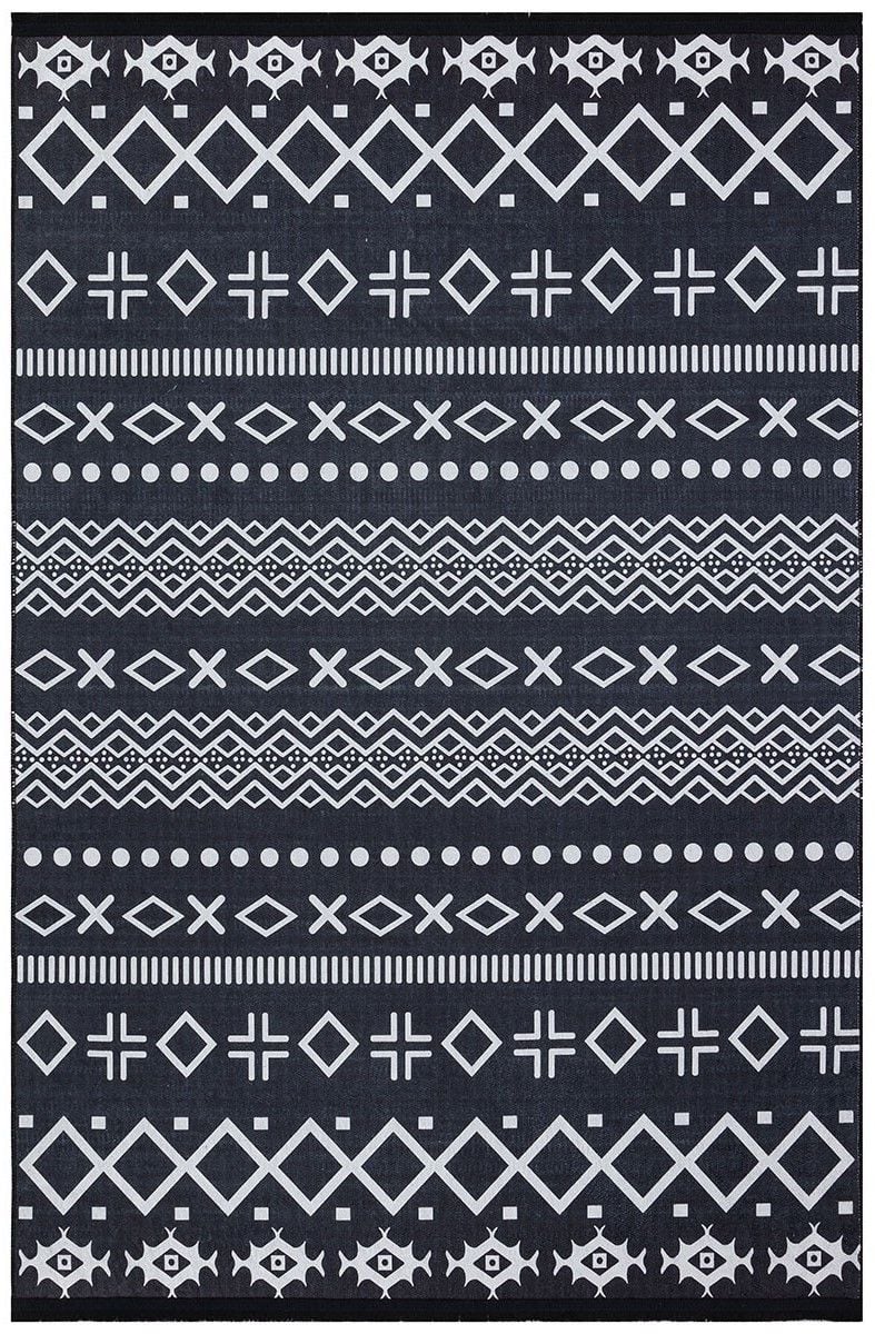 Halımax Dara 176 Yıkanabilir Kaymaz Dokuma Tabanlı Siyah Etnik Desenli Modern Halı 80x400
