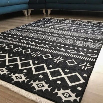Halımax Dara 176 Yıkanabilir Kaymaz Dokuma Tabanlı Siyah Etnik Desenli Modern Halı 100x150