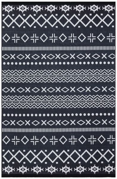 Halımax Dara 176 Yıkanabilir Kaymaz Dokuma Tabanlı Siyah Etnik Desenli Modern Halı 100x200