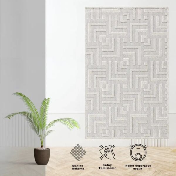 Dinarsu Grace 54100 261 Krem Modern Geometrik Desenli Salon Mutfak Koridor Oturma Odası Halısı