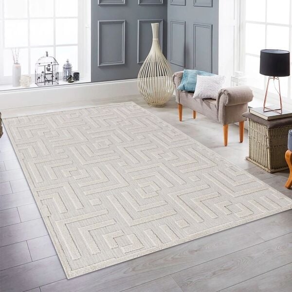 Dinarsu Grace 54100 261 Krem Modern Geometrik Desenli Salon Mutfak Koridor Oturma Odası Halısı