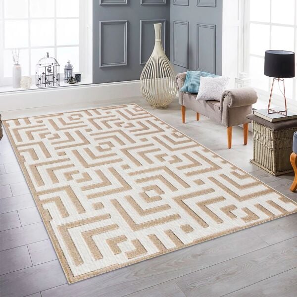 Dinarsu Grace 54100 270 Krem Vizon Modern Geometrik Desenli Salon Mutfak Koridor Oturma Odası Halısı
