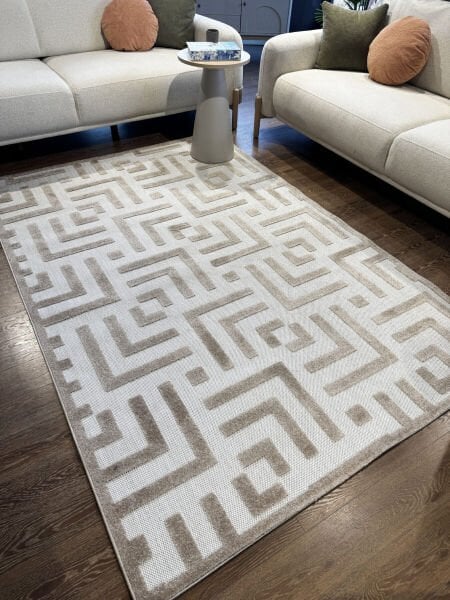 Dinarsu Grace 54100 270 Krem Vizon Modern Geometrik Desenli Salon Mutfak Koridor Oturma Odası Halısı