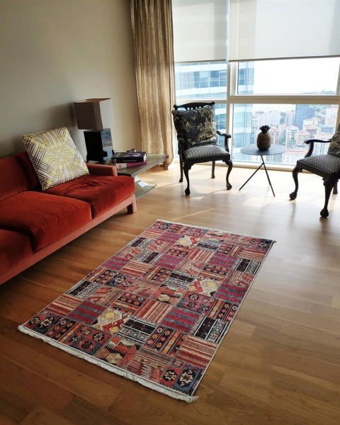 Halımax Dara 177 Yıkanabilir Kaymaz Dokuma Tabanlı Multi Patchwork Modern Halı 100x200