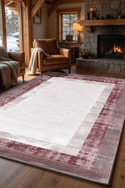 Drom Pamuk Dokuma Taban Kaymaz Şönil Makinede Yıkanabilir Kilim Çerçeveli Pembe Salon Yatak Odası Mutfak Koridor Yolluk Halı