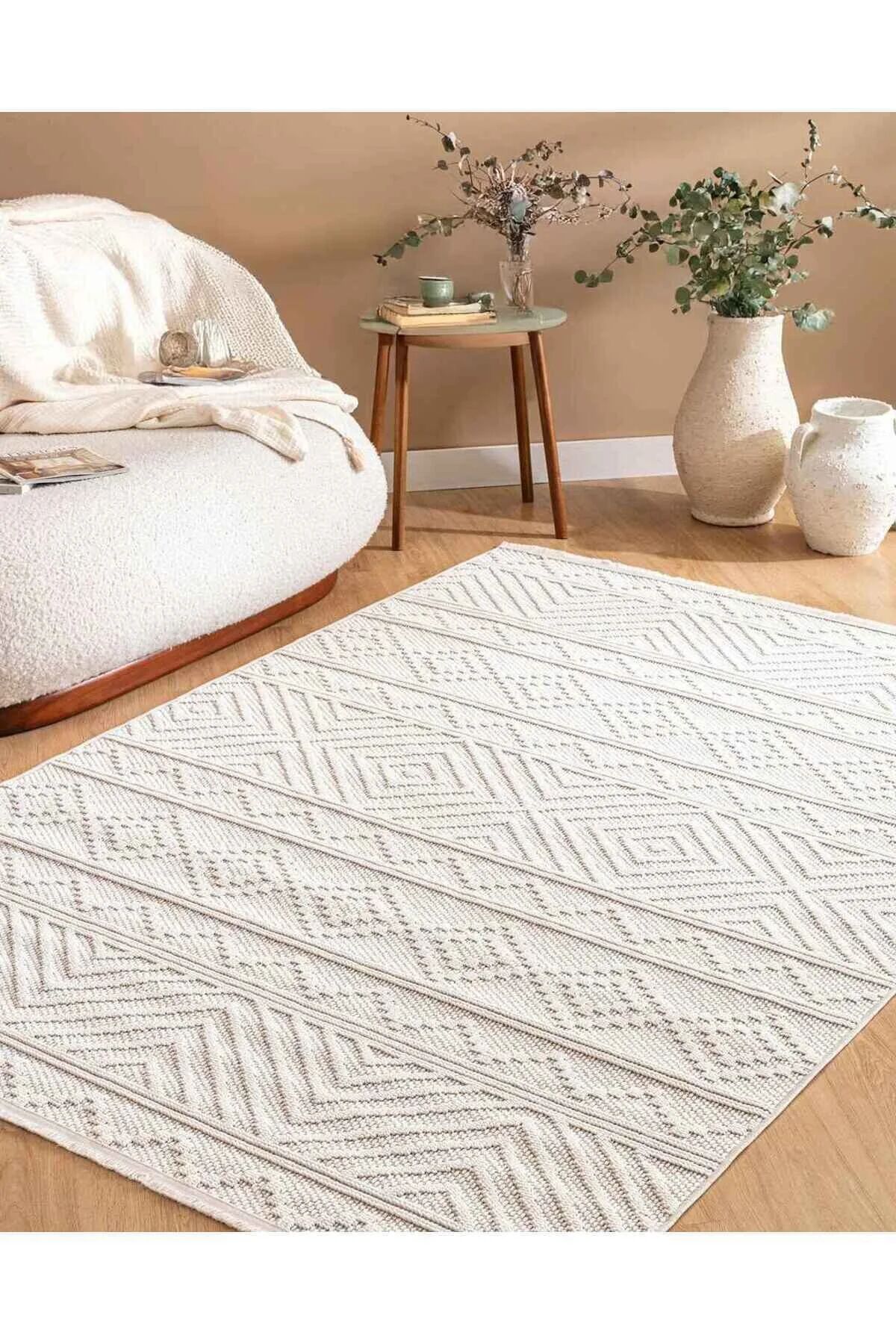Dinarsu Mira 69675 061 Krem Modern Geometrik Desenli Salon Mutfak Koridor Oturma Odası Halısı