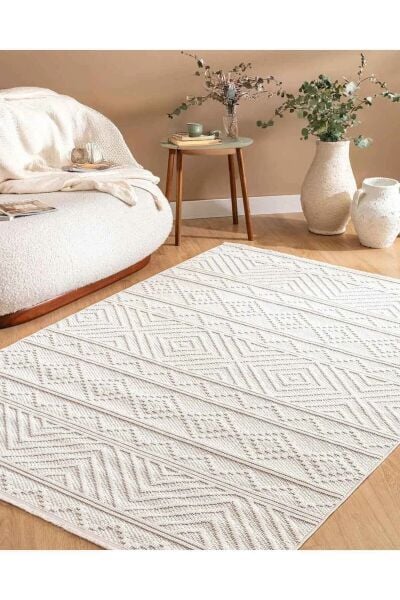 Dinarsu Mira 69675 061 Krem Modern Geometrik Desenli Salon Mutfak Koridor Oturma Odası Halısı