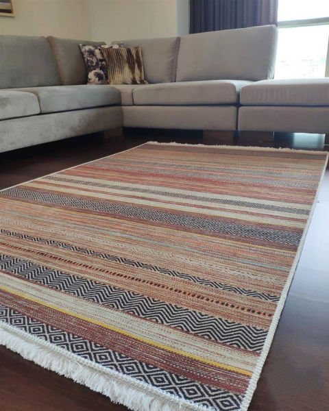 Halımax Dara 178 Yıkanabilir Kaymaz Dokuma Tabanlı Turuncu Çizgili Modern Halı 80x200