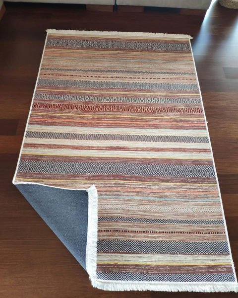 Halımax Dara 178 Yıkanabilir Kaymaz Dokuma Tabanlı Turuncu Çizgili Modern Halı 80x200