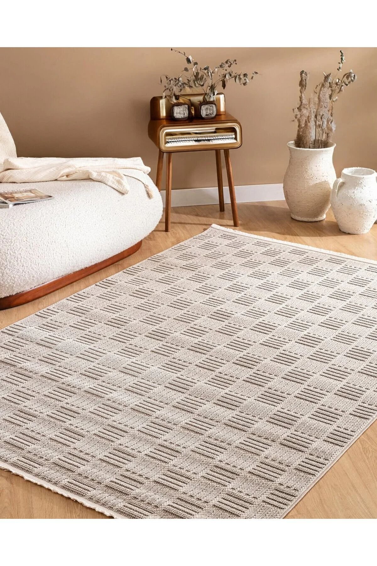 Dinarsu Mira 68975 072 Bej Modern Geometrik Desenli Salon Mutfak Koridor Oturma Odası Halısı