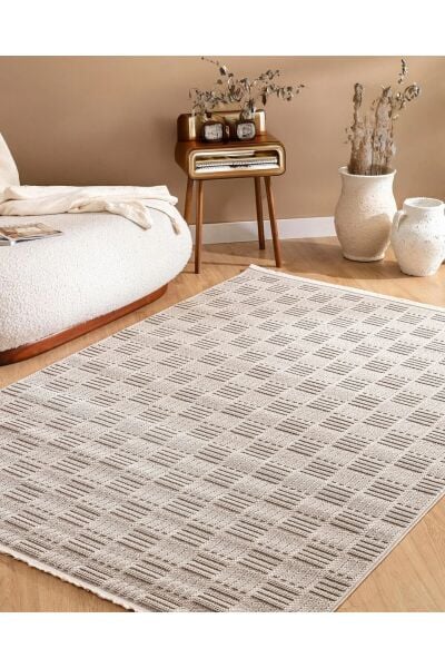 Dinarsu Mira 68975 072 Bej Modern Geometrik Desenli Salon Mutfak Koridor Oturma Odası Halısı