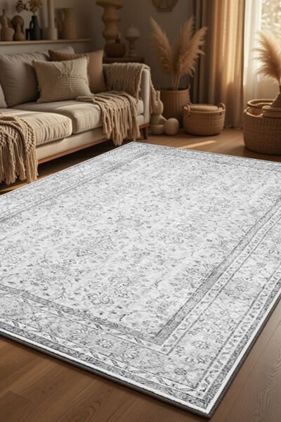 Drom Pamuk Dokuma Taban Kaymaz Şönil Makinede Yıkanabilir Kilim Gri Vintage Salon Yatak Odası Mutfak Koridor Yolluk Halı