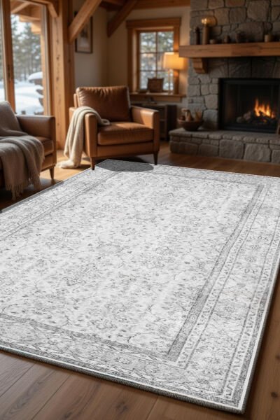 Drom Pamuk Dokuma Taban Kaymaz Şönil Makinede Yıkanabilir Kilim Gri Vintage Salon Yatak Odası Mutfak Koridor Yolluk Halı
