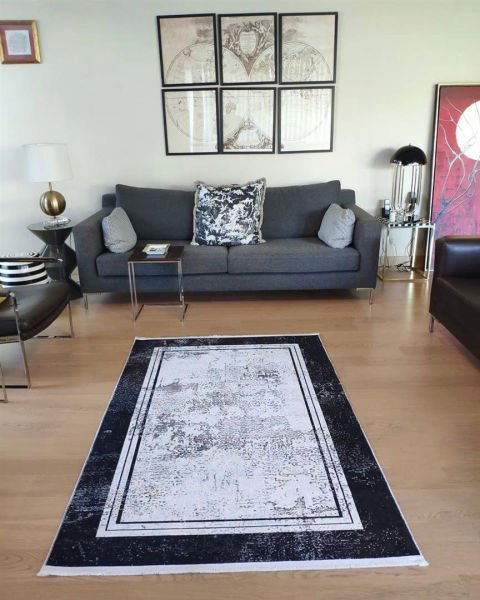 Halımax Dara 182 Yıkanabilir Kaymaz Dokuma Tabanlı Siyah Çerçeveli Modern Halı 100x150