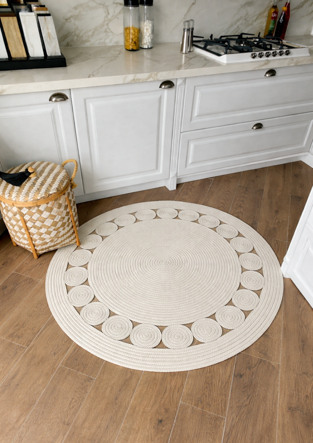 Milda 70 Beyaz Çift Taraflı Yıkanabilir Örgü Jüt Kilim Bohem Dekoratif Mutfak Balkon Banyo Jüt Halı
