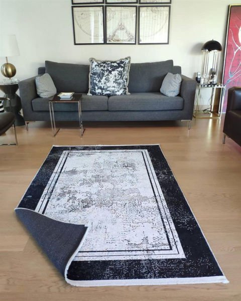 Halımax Dara 182 Yıkanabilir Kaymaz Dokuma Tabanlı Siyah Çerçeveli Modern Halı 100x300