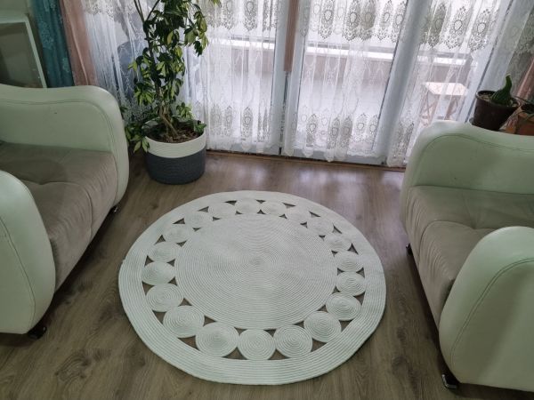 Milda 70 Beyaz Çift Taraflı Yıkanabilir Örgü Jüt Kilim Bohem Dekoratif Mutfak Balkon Banyo Jüt Halı 90x90