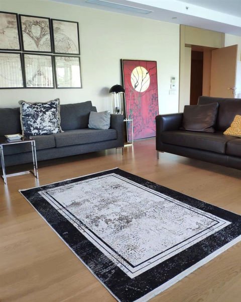 Halımax Dara 182 Yıkanabilir Kaymaz Dokuma Tabanlı Siyah Çerçeveli Modern Halı 160x230