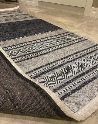 Halımax Dara 183 Yıkanabilir Kaymaz Dokuma Tabanlı Gri Mavi Çizgili Modern Halı 80x200