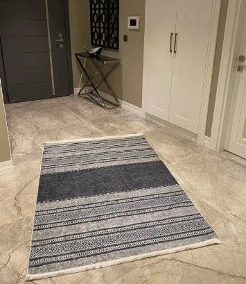 Halımax Dara 183 Yıkanabilir Kaymaz Dokuma Tabanlı Gri Mavi Çizgili Modern Halı 80x200