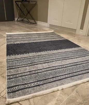 Halımax Dara 183 Yıkanabilir Kaymaz Dokuma Tabanlı Gri Mavi Çizgili Modern Halı 100x400