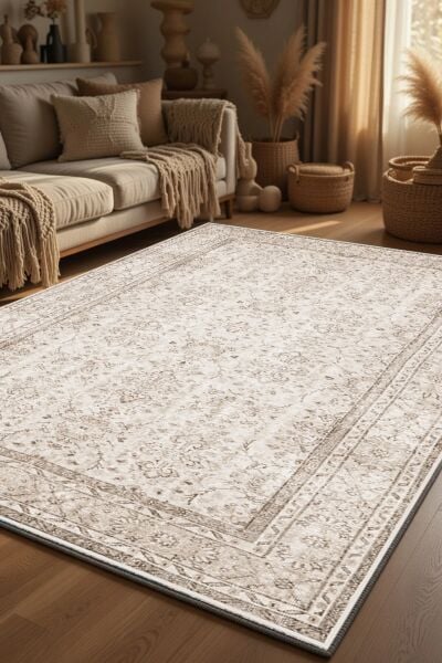 Drom Pamuk Dokuma Taban Kaymaz Şönil Makinede Yıkanabilir Kilim Bej Vintage Salon Yatak Odası Mutfak Koridor Yolluk Halı