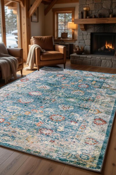 Drom Pamuk Dokuma Taban Kaymaz Şönil Makinede Yıkanabilir Kilim Eskitme Vintage Mavi Salon Yatak Odası Mutfak Koridor Yolluk Halı