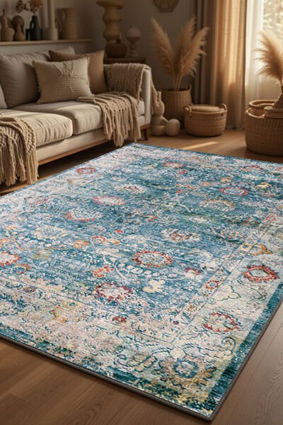 Drom Pamuk Dokuma Taban Kaymaz Şönil Makinede Yıkanabilir Kilim Eskitme Vintage Mavi Salon Yatak Odası Mutfak Koridor Yolluk Halı
