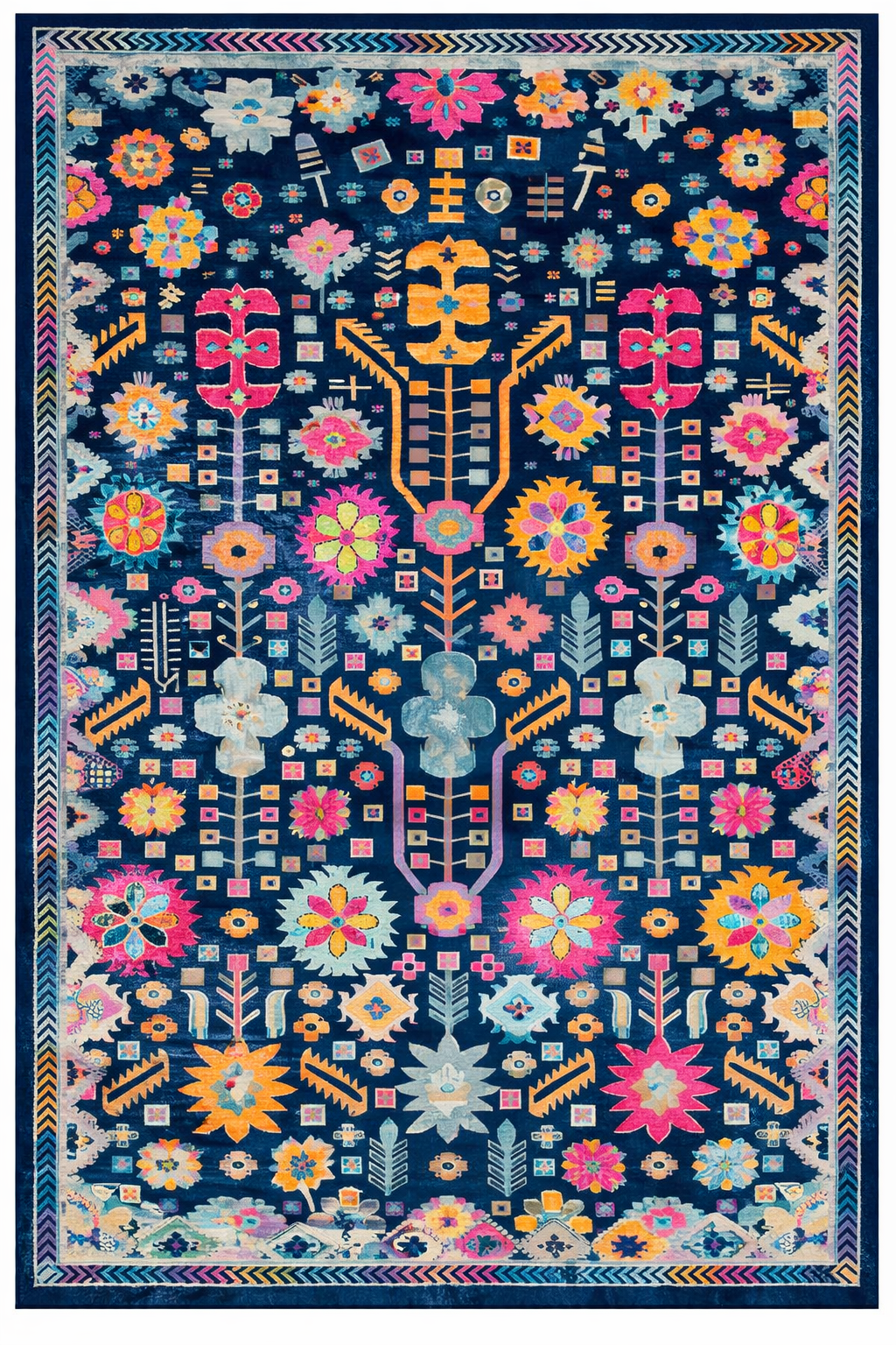 Drom Pamuk Dokuma Taban Kaymaz Şönil Makinede Yıkanabilir Kilim Multi Mavi Etnik Figürlü Salon Yatak Odası Mutfak Koridor Yolluk Halı