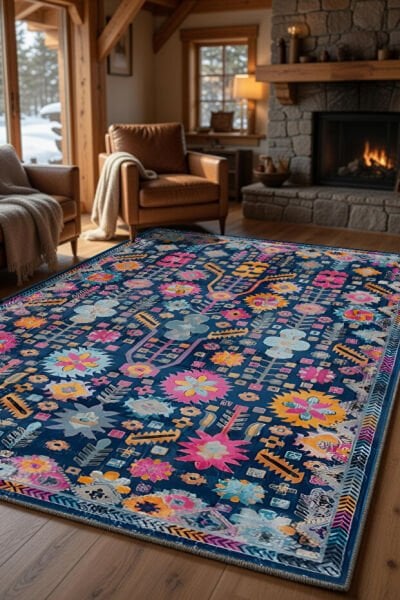 Drom Pamuk Dokuma Taban Kaymaz Şönil Makinede Yıkanabilir Kilim Multi Mavi Etnik Figürlü Salon Yatak Odası Mutfak Koridor Yolluk Halı