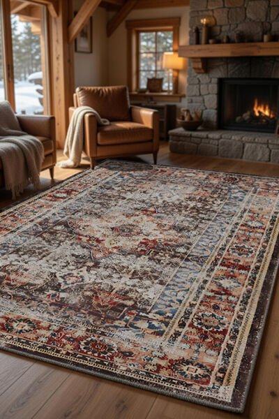 Drom Pamuk Dokuma Taban Kaymaz Şönil Makinede Yıkanabilir Kilim Otantik Vintage Eskitme Desenli Salon Yatak Odası Mutfak Koridor Yolluk Halı