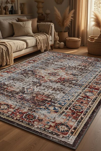 Drom Pamuk Dokuma Taban Kaymaz Şönil Makinede Yıkanabilir Kilim Otantik Vintage Eskitme Desenli Salon Yatak Odası Mutfak Koridor Yolluk Halı