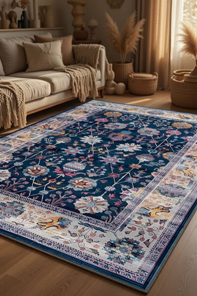 Drom Pamuk Dokuma Taban Kaymaz Şönil Makinede Yıkanabilir Kilim Mavi Renkli Çerçeveli Etnik Salon Yatak Odası Mutfak Koridor Yolluk Halı