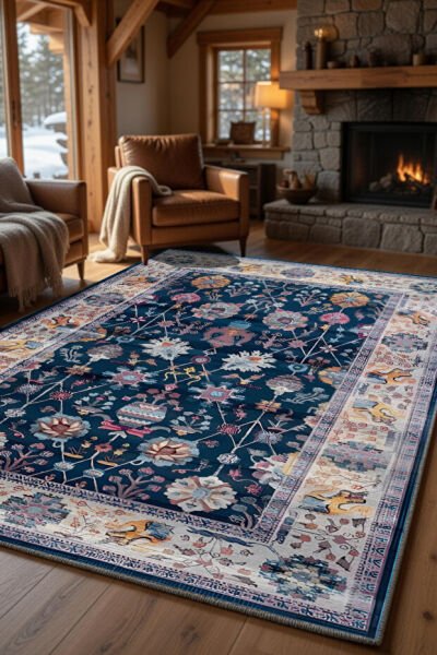 Drom Pamuk Dokuma Taban Kaymaz Şönil Makinede Yıkanabilir Kilim Mavi Renkli Çerçeveli Etnik Salon Yatak Odası Mutfak Koridor Yolluk Halı