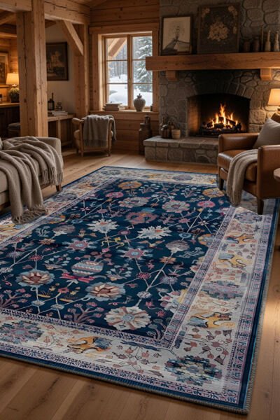 Drom Pamuk Dokuma Taban Kaymaz Şönil Makinede Yıkanabilir Kilim Mavi Renkli Çerçeveli Etnik Salon Yatak Odası Mutfak Koridor Yolluk Halı