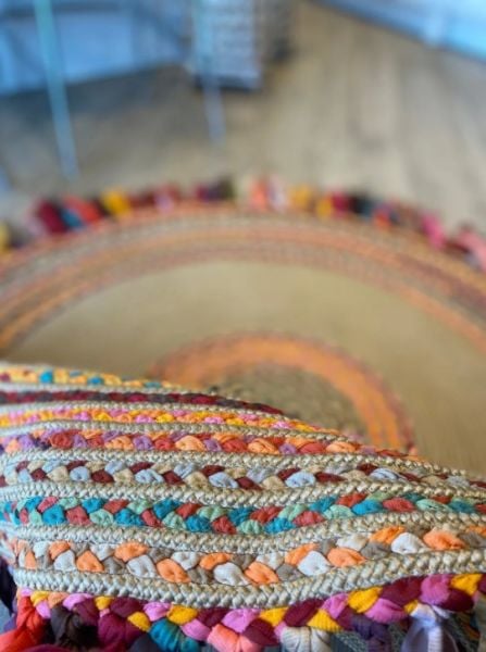 Milda 15 Hasırlı El Örgüsü Çift Taraflı Jüt Kilim Yuvarlak Renkli Püsküllü Jüt Halı 90x90