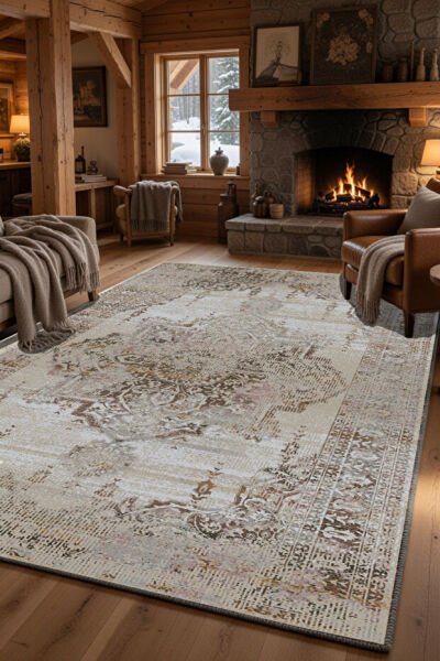 Drom Pamuk Dokuma Taban Kaymaz Şönil Makinede Yıkanabilir Kilim Vintage Eskitme Desenli Bej Salon Yatak Odası Mutfak Koridor Yolluk Halı