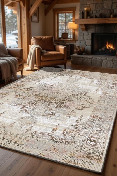 Drom Pamuk Dokuma Taban Kaymaz Şönil Makinede Yıkanabilir Kilim Vintage Eskitme Desenli Bej Salon Yatak Odası Mutfak Koridor Yolluk Halı