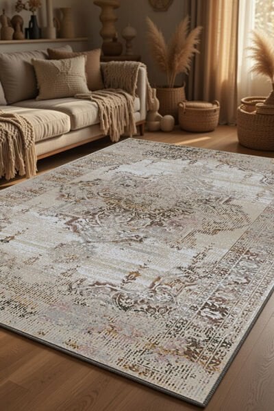 Drom Pamuk Dokuma Taban Kaymaz Şönil Makinede Yıkanabilir Kilim Vintage Eskitme Desenli Bej Salon Yatak Odası Mutfak Koridor Yolluk Halı