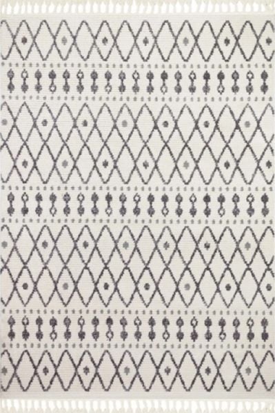 Türkmen Halı Havana HV04 Beyaz Antrasit Ekstra Yumuşak Tuşeli Örgü Saçaklı Halı