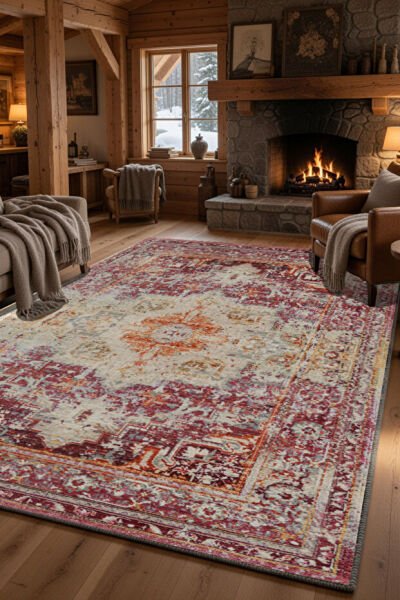 Drom Pamuk Dokuma Taban Kaymaz Şönil Makinede Yıkanabilir Kilim Eskitme Desenli Çerçeveli Salon Yatak Odası Mutfak Koridor Yolluk Halı