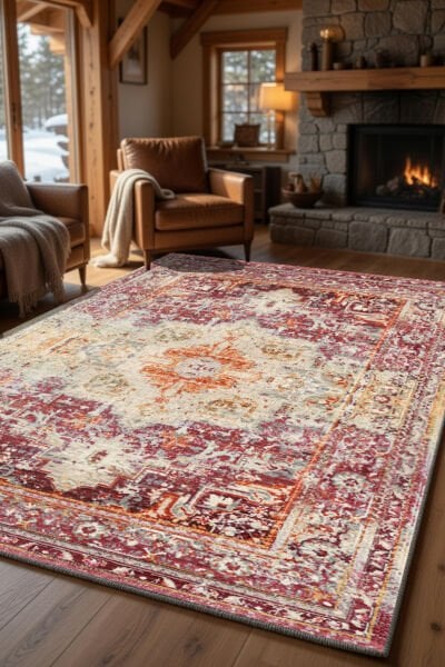 Drom Pamuk Dokuma Taban Kaymaz Şönil Makinede Yıkanabilir Kilim Eskitme Desenli Çerçeveli Salon Yatak Odası Mutfak Koridor Yolluk Halı