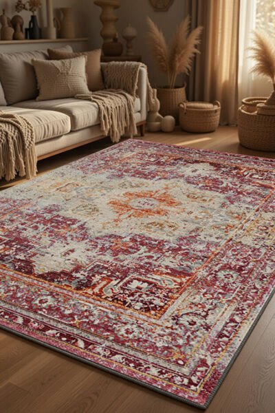 Drom Pamuk Dokuma Taban Kaymaz Şönil Makinede Yıkanabilir Kilim Eskitme Desenli Çerçeveli Salon Yatak Odası Mutfak Koridor Yolluk Halı