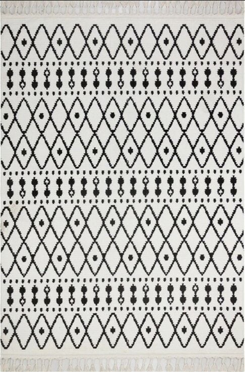 Türkmen Halı Havana HV06 Beyaz Siyah Ekstra Yumuşak Tuşeli Örgü Saçaklı Halı
