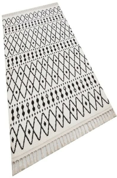 Türkmen Halı Havana HV06 Beyaz Siyah Ekstra Yumuşak Tuşeli Örgü Saçaklı Halı