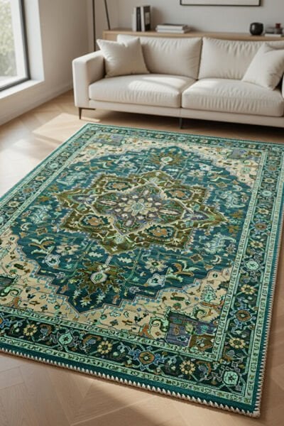 Drom Pamuk Dokuma Taban Kaymaz Şönil Makinede Yıkanabilir Etnik Eskitme Desenli Yeşil Çerçeveli  Salon Yatak Odası Mutfak Koridor Yolluk Halı