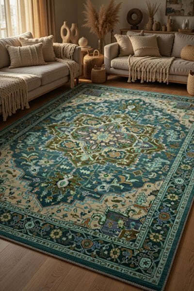 Drom Pamuk Dokuma Taban Kaymaz Şönil Makinede Yıkanabilir Etnik Eskitme Desenli Yeşil Çerçeveli  Salon Yatak Odası Mutfak Koridor Yolluk Halı