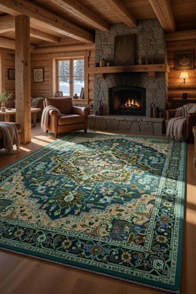 Drom Pamuk Dokuma Taban Kaymaz Şönil Makinede Yıkanabilir Etnik Eskitme Desenli Yeşil Çerçeveli  Salon Yatak Odası Mutfak Koridor Yolluk Halı