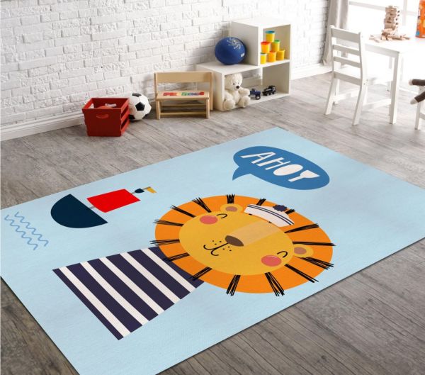 Cino 74 Mavi Turuncu Aslan Figürlü Çocuk Odası Halı Bebek Oyun Halısı